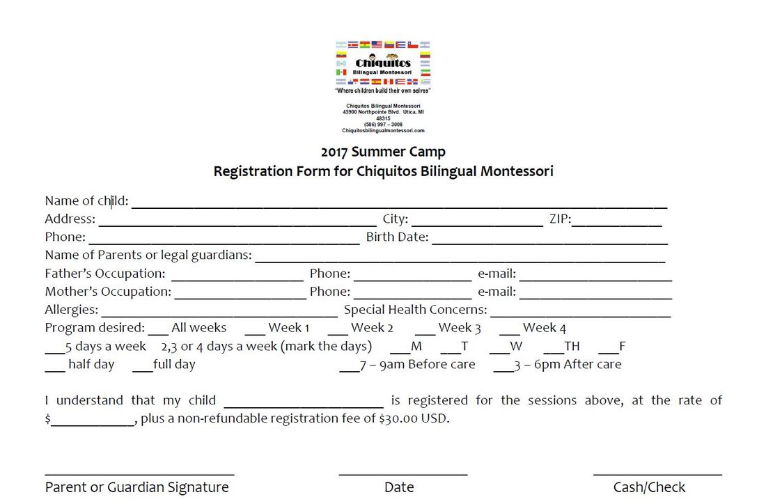 Summer Camp Registration Form Chiquitos Bilingual Montessori